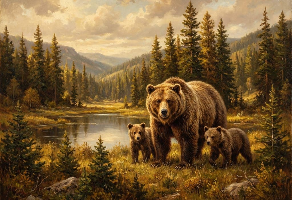 Grizzly Mama With Her Cubs