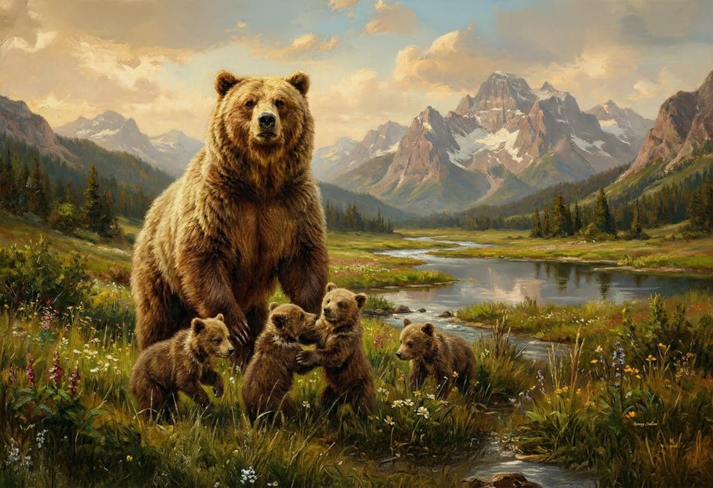 Mama Grizzly And Cubs